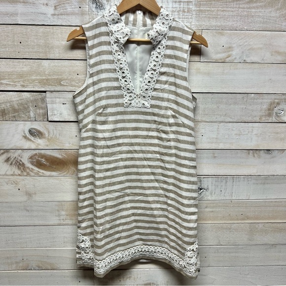 Eliza J Dress Womens 10‎ Beige White Linen Cotton Sleeveless Stripe Sundress - Picture 2 of 12